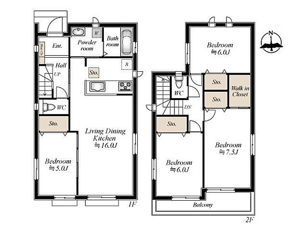 【4LDK】ゆとりある4LDKの間取り。家族が集まる16畳のLDKに加え、各居室に収納を完備した、お部屋を広くスッキリと使える住設計です。