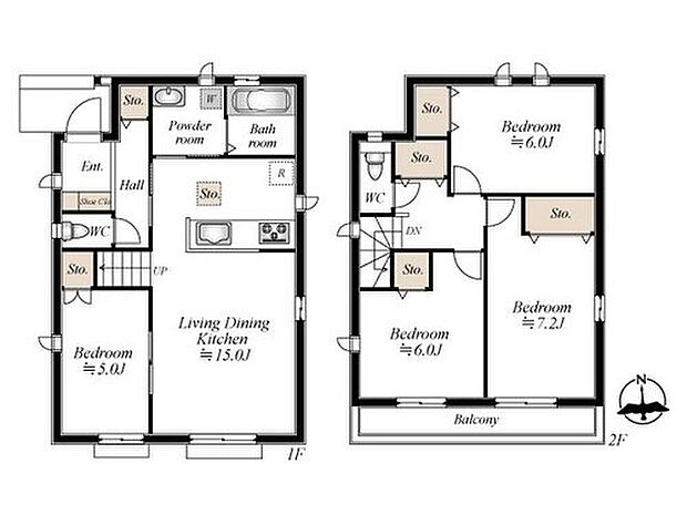 【4LDK】・LDK15帖、2階全室6帖以上と広々!
・全居室だけでなく、1階にも2階にもホール収納あり!
・南向きバルコニーで陽当たり良好!