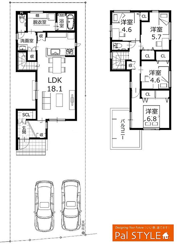 敷地面積/  153.86m2 (46.54坪)　
延床面積/ 102.43m2 (30.98坪)
1階面積/ 52.75m2　2階面積/ 49.68m2