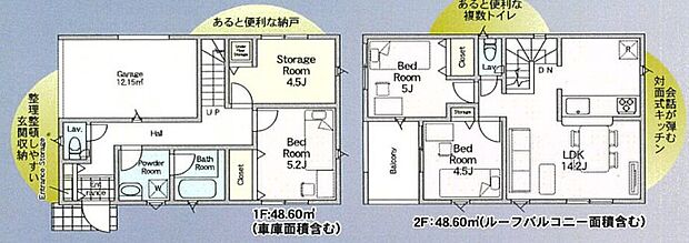 【3LDK+S】ルーフバルコニー4.86m2および自動車車庫部分12.15m2含む