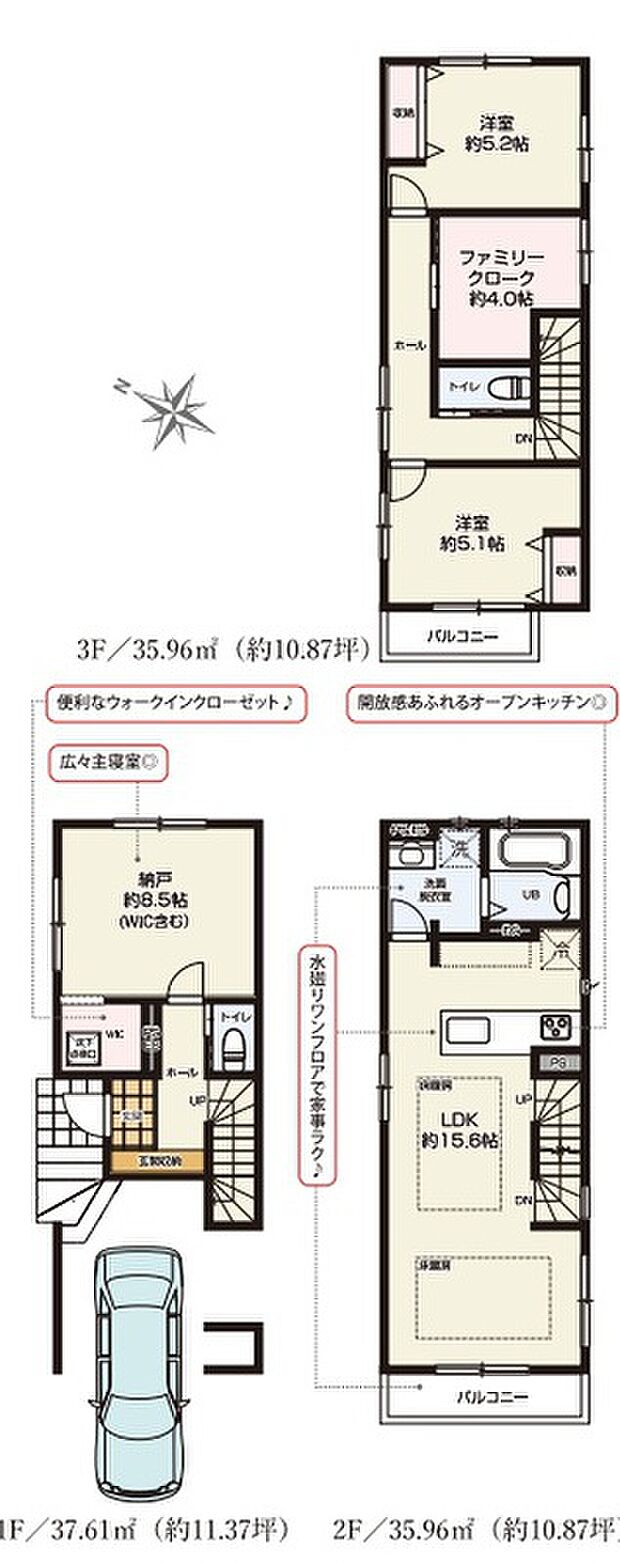 【2LDK+S(納戸表記)】建物面積に車庫部分9.70m2を含む