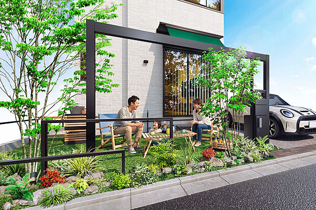 フレーム×バイザー×シェードの3つの要素が織りなす新たな寛ぎ空間、リビングからつながる家族憩いのスペースが全棟に備わります。（図面を基に描いたもので現実と多少異なる場合がございます。）