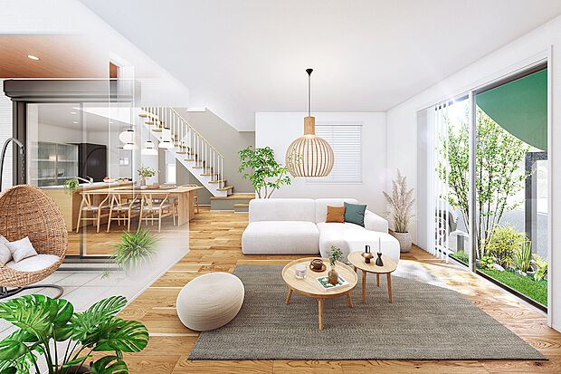 【[21号棟]内観予想図】吹抜けのあるLDKにスケルトン階段を組み合わせ、光と開放感を演出。リビングとつながるテラス、シェードが内と外を心地よくつなぐ邸宅。