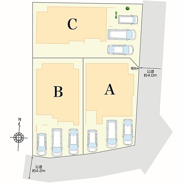 全3棟。前面道路は南側幅員約4.2m、東側幅員約4.0mです。全棟に3台分の駐車スペースを確保しています。並列駐車ができるため、車をスムーズに出し入れ可能。