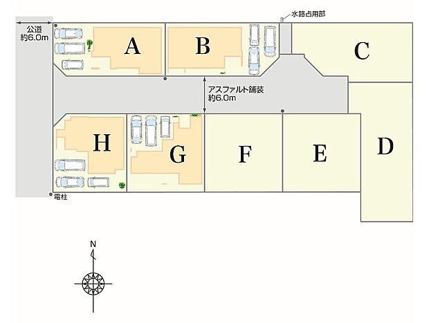 全8邸ののびやかな街。全邸土地面積43坪以上の敷地に駐車3台分以上を確保。西側道路幅員は約5.9m以上あり運転も安心です。第一種低層住居専用地域の閑静な住宅街で穏やかな新生活を始められます。