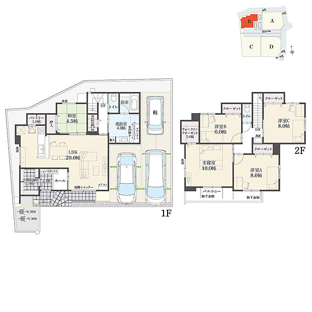 【5LDK】5LDK+多目的収納+ウォークインクローゼット+玄関収納+パントリー+ランドリースペース
駐車3台分
※有効土地面積/155.10m2(46.91坪)

4.5帖の洗面室には室内物干とカウンター付きのランドリースペースがあります◎