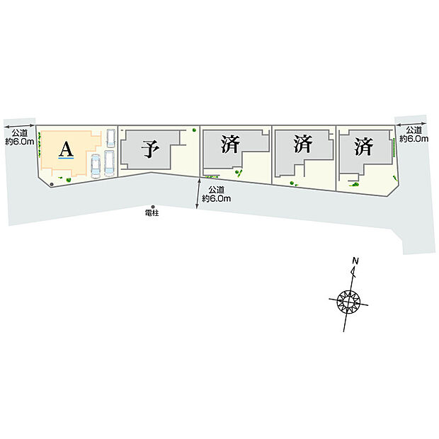 【全体区画図】
おかげさまであと1棟の販売となりました！敷地面積42坪以上。各棟2～3台の駐車可能です。前面道路は約6.0mとゆとりがあり、お車のすれ違いや入出庫もスムーズに行えます。