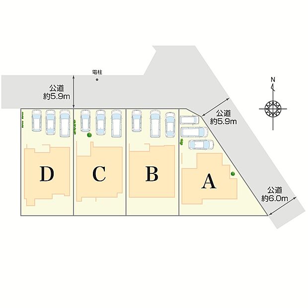 【全体区画図】
全4棟の新築分譲住宅です。前面道路は北側約5.9ｍ、北東側約5.9m～6.0m。全棟、お車は並列3台駐車可能です。