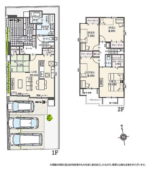 【4LDK】4LDK＋畳コーナー＋多目的収納＋ウォークインクローゼット＋玄関収納＋パントリー＋ランドリースペース
駐車3台分
※建物面積にポーチ面積の一部(2.38m2)および設備設置スペースの一部(0.91m2)含む

広さ20.0帖南向きLDKの一角に、4.5帖の畳コーナーを設けた間取りです。IHクッキングヒーター搭載のアイランドキッチンや、4.5帖のゆとりある洗面室が特徴です。