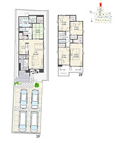5LDK+多目的収納+Ｗウォークインクローゼット+玄関収納+パントリー+ランドリースペース
駐車4台可

リビングスルー階段や対面式キッチン仕様。ご家族のコミュニケーションを育む間取りです。 