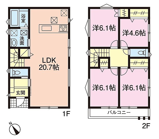1区画建設予定の間取図。20.7帖の広々リビングに、6.1帖の居室が3部屋。4.5帖のサービスルーム付きです。