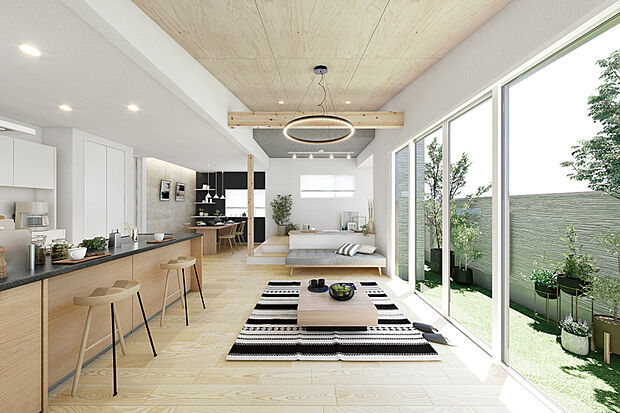 【家族の絆が深まる「舞台」のある家】
ハイシーリング・ハイサッシが標準仕様となる光と開放感あふれるリビング。小上がりの空間がリズムと家族の語らいを生むプランです。※号棟により採用状況が異なります。