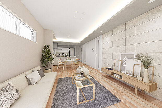 【WIDE LIVING】
奥へ誘うように伸びるリビングと連動するように、やわらかな光を創り出す間接照明と荒々しい石模様の大柄なエコカラットを大胆に施しました。※号棟により採用状況が異なります。