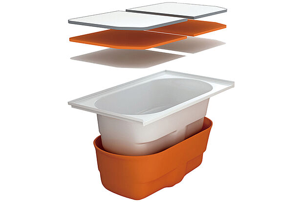 【【サーモバスS】】ダブル保温構造でお湯が冷めにくいサーモバスS。4時間後の温度変化はわずか2.5℃以下。最後のひとりまで温かなお湯に浸かっていただけます。