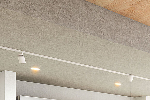 【【キッチン天井アクセントクロス】】キッチンの天井部分にアクセントクロスを採用しました。空間に立体感が生み出され、メリハリのある洗練された雰囲気となります。※号棟により採用状況が異なります。