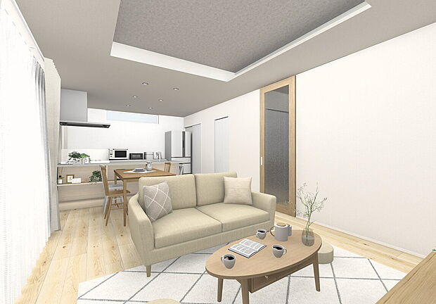 【◆10号地/LDK完成イメージ◆】もやもや柄クロスを採用した折上天井が、空間のアクセントに。南と東に配した窓から陽が差し込みます。