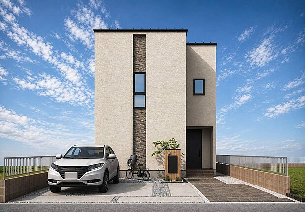 【◆1号地／外観◆】やわらかなベージュの外壁と細かい石目のアクセントが映える、シンプルで上質感のある外観。洗練されながらも温かみを感じる佇まいに仕上げています。