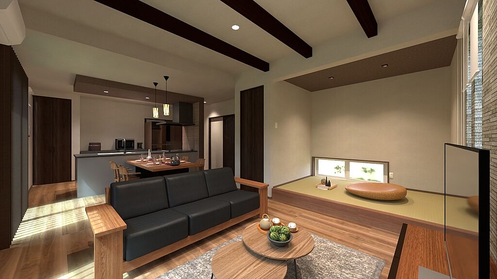 リビング天井には化粧梁・畳スペースを配置することで
ホテルライクな雰囲気の中に『和』を印象付ける空間となっています。