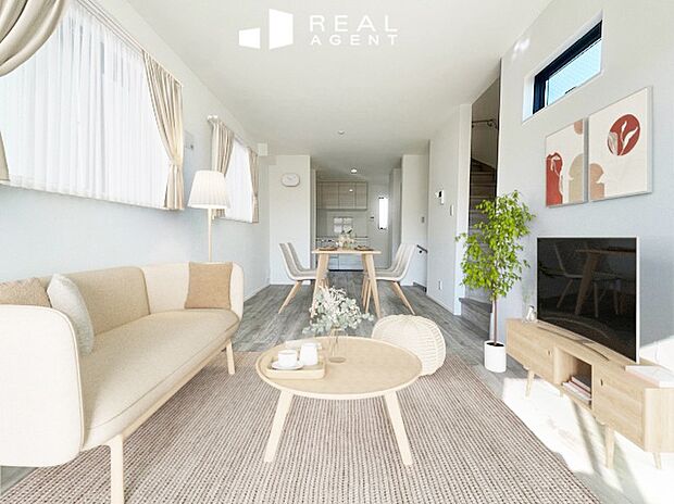 『C号棟リビング』
ご家族みんなが集まっても圧迫感の無いゆとりのリビングは、自然と会話が生まれるご家族思いの広さと形状です。
※配置している家具はCGによるイメージです。