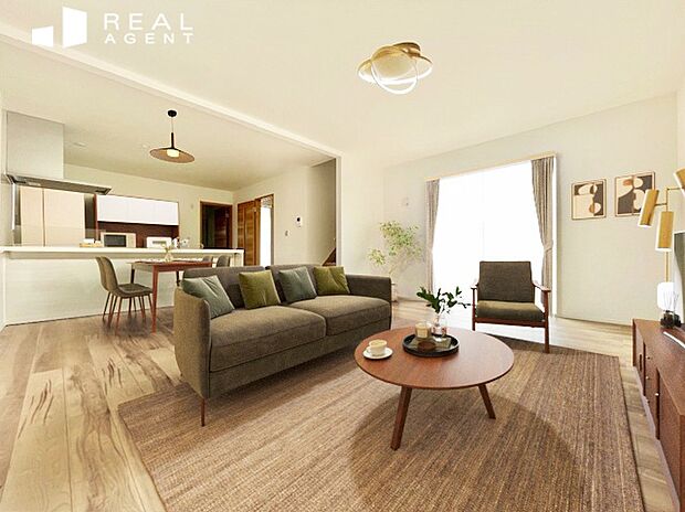 【D号棟リビング】家族と過ごすひと時を溢れる光が優しく包み込むリビングダイニング。家族との時間、自分の時間を大切にできる空間がここにあります。※配置している家具はCGによるイメージです。