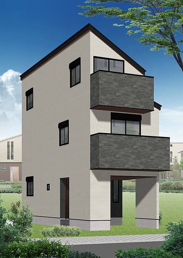 【完成イメージ パース(D号棟)】シンプルで美しいフォルムの外観で、存在感を放ちます。ここから始まる「日常」を想像してみてください。