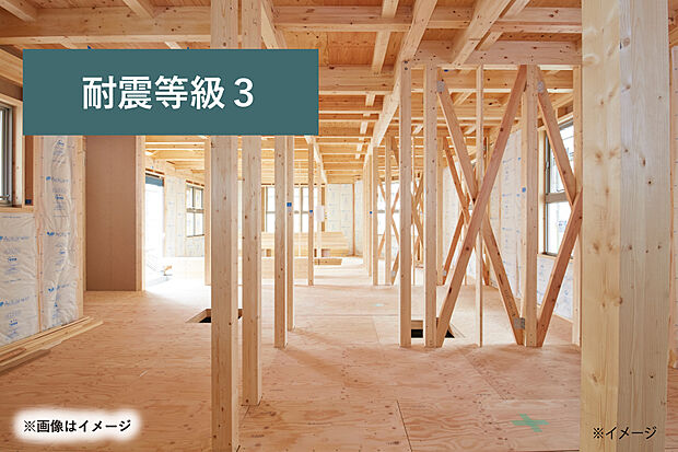 耐震等級3／住宅性能表示制度に基づいた耐震等級3の耐震性を実現。建築基準法の1.5倍の耐震性を持ち、長く安心してお住まいいただけます。