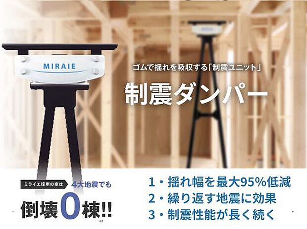 【制震ダンパーMIRAIEA（ミライエ）】揺れを最大95%吸収・低減できる制震ダンパー「MIRAIE（ミライエ）」を全棟標準採用することで、繰り返し起きる揺れにも負けない丈夫な住まいを実現します。