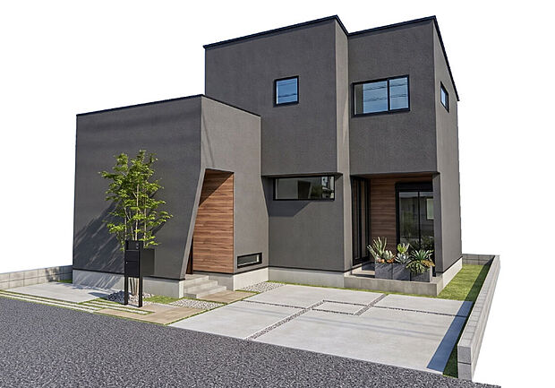 【【10号地 外観デザイン】】重厚感のある外観に、木目と植栽がやさしい表情をプラス。落ち着いた街並みに調和しながら、住むほどに愛着が深まり、家族の毎日を上品に彩ってくれるデザインです。植栽の緑も外観を引き立てます。※外観CGパース
