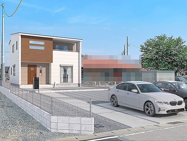 【3号棟:外観完成イメージ】ホワイトを基調に、木目調アクセントが美しく映えるモダンな外観デザイン。時を重ねても色あせない、上質で落ち着きのある外観です。