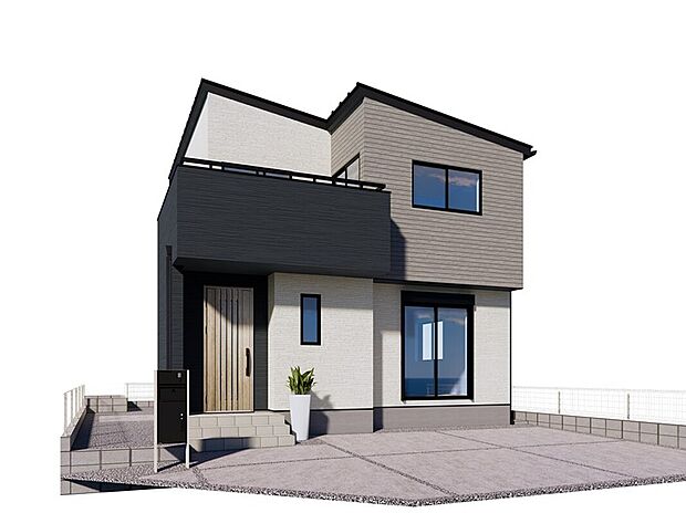 【1号棟　外観完成イメージ】
ホワイト×ブラック×シルバーのモノトーンカラーでまとめたスタイリッシュで洗練された外観デザインです。