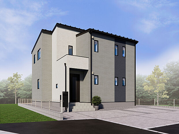 【２号棟　外観パース】グレー×ホワイト×チャコールの３色を組み合わせ、シックな外観デザインに仕上げました。「セルフクリーニング機能」付きの外壁材を使用し、綺麗な外観を維持します。（※完成イメージ画像）