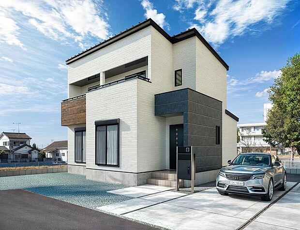 【1号棟 外観イメージ】直線のフォルムが際立つ、シンプルで洗練された外観!外壁はベースの淡い色と、張り分けられた濃い色のコントラストが美しく魅力的です!(※実際の現地写真に外観のイメージを合成)