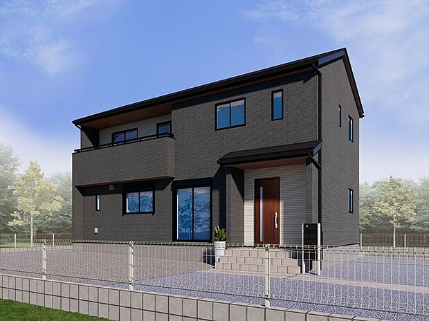 【２号棟　完成イメージ】外壁はダークトーンをベースとし、シンプルなデザインに仕上がっています！
植栽の緑も映えるので、住んでから楽しみのある家です！