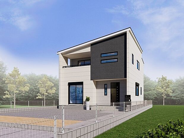 　【1号棟：外観完成イメージ】　　玄関ドア、窓枠、バルコニー手摺、細部まで配慮され、洗練された外観デザインに仕上がっています。外壁はベース色と張り分けられた濃い色のコントラストが美しく魅力的！