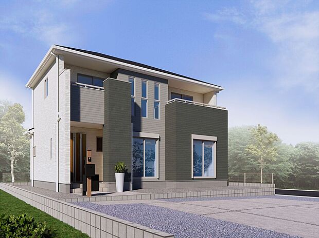 質感の違う外壁を張り分けることにより、クリアホワイト、ダークグリーン、シルバーの3色のコントラストが美しく目を引く外観デザインです。