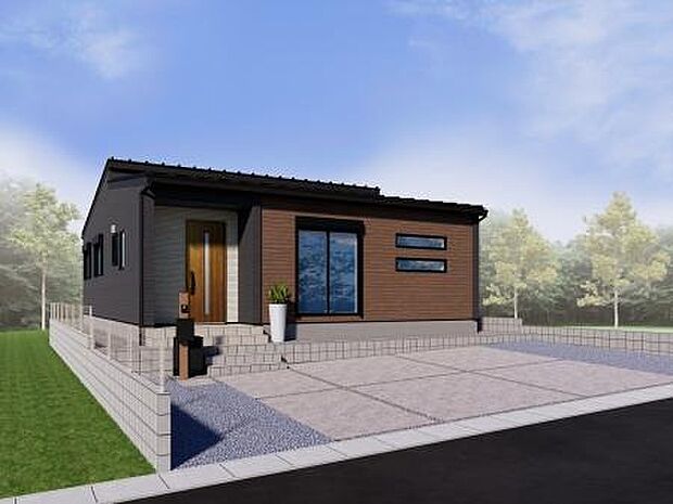 【2号棟 建物外観イメージパース】濃い色の外壁をベースに、張り分けられた外壁と玄関ドアが、外観に温かみをプラスしています。平屋ならではの重厚感と、モダンな優しさが美しく調和する住まい。