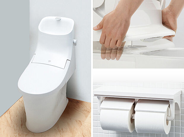 【【ベーシアシャワートイレ（LIXIL）】】■フチレス形状やお掃除リフトアップ機能などお手入れのしやすさが特徴。壁設置型のリモコンと２連紙巻き器が備え付けとなっている超節水タイプのシャワートイレです。