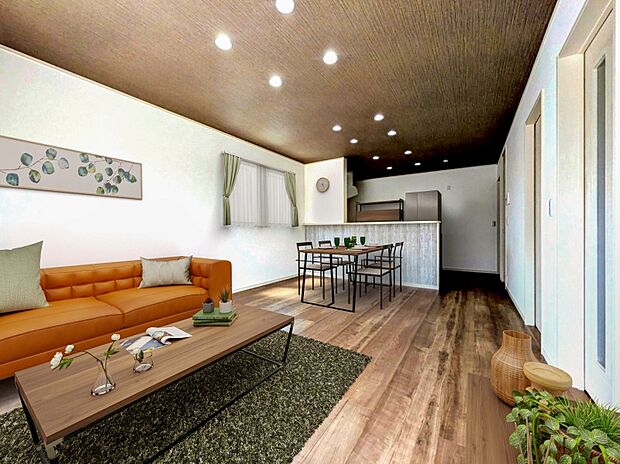 【【8号棟:LDK】】自然と家族が集まる居心地の良い空間です。(※この画像は実際の室内写真にインテリアをCGで合成したものです。実際の物件に家具は配置されておりません。)