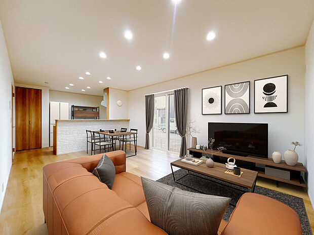 【【3号棟:リビング】】※この画像は実際の室内写真にインテリアをCGで合成したものです。実際の物件に家具は配置されておりません。