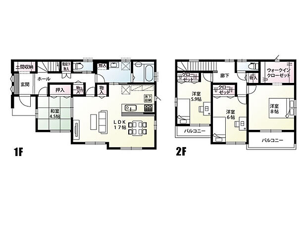 【4LDK】キッチン・洗面室・浴室の水回りが近い家事ラクラク動線。共有ホールや全居室に収納が付いている為、普段は見えなくしたい日用品や掃除道具もスッキリ片付けられる間取りです。