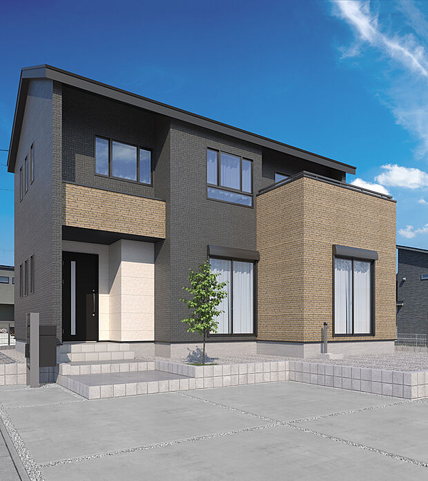 【外観完成イメージ】黒すぎないブラックの外壁をベースに、木目調ブラウンと柔らかいブラウンがアクセントのモダンな外観。落ち着いた住宅街に溶け込みつつ、お友達に自慢したくなるようなオシャレなデザイン。