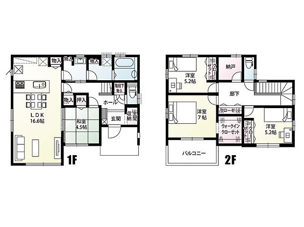 【4LDK+1S(納戸)】洗面室と脱衣室が分かれている間取りです。家族の入浴中でも気兼ねなく洗面室が使えて便利ですね♪
窓付きの納戸は、書斎や趣味のお部屋としても快適にお使いいただけます。
LDKとホールのどちらからでも出入り可能な和室は、お子様のお昼寝スペースや客間としても使用できる便利な一室です!