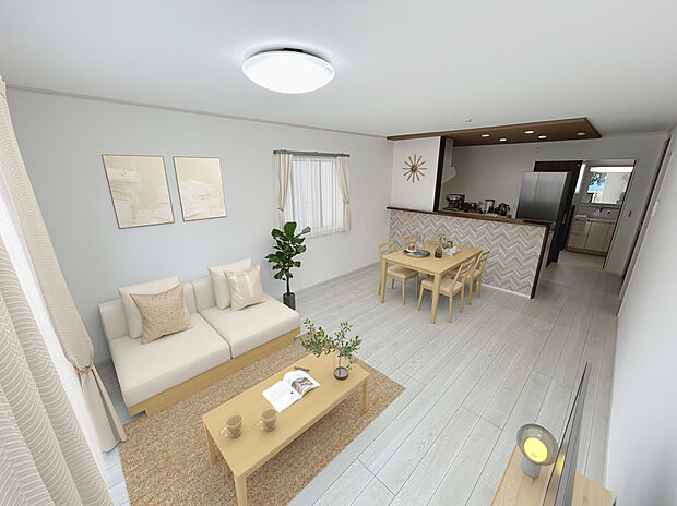 【2号棟　LDK】※この画像は実際の室内写真にインテリアをCGで合成したものです。実際の物件に家具は配置されておりません。