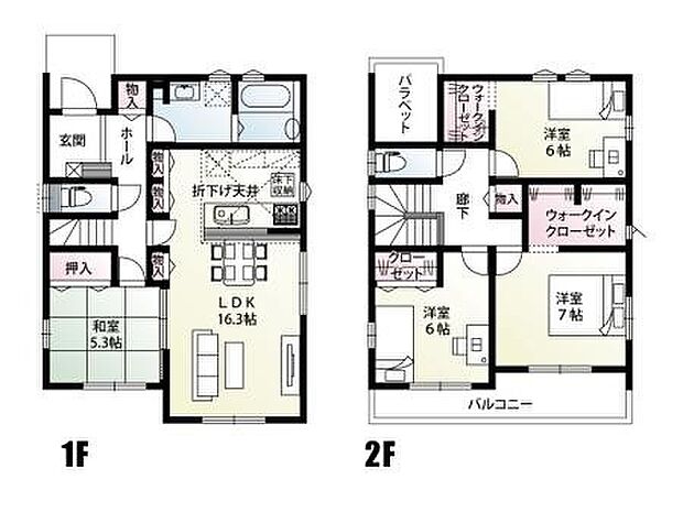【4LDK】LDKと和室は続き間になっており、つなげると広さを感じることができます。キッチン横には物入が2か所あるので、食品や雑貨のストック置き場として便利! 寝室7帖にはウォークインクローゼット付き!
