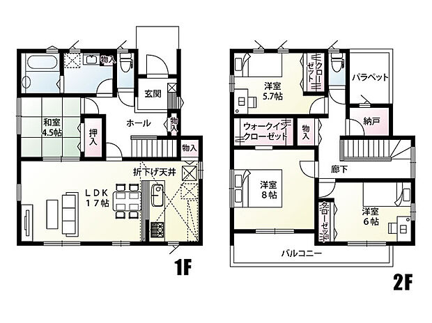 【4LDK】【２号棟　間取図】キッチン横パントリー・納戸・WICなど、収納スペースに困らない間取り。ワイドバルコニーには家族全員分のお洗濯物を干すことも可能です！