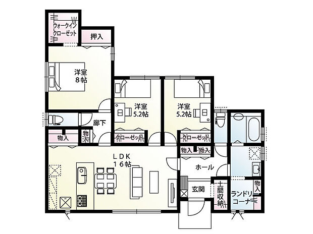 【3LDK】土間収納やウォークインクローゼット、各所に物入を設けた収納豊富な間取りとなっております。
洗面室の隣にはランドリーコーナーがあり、雨の日や花粉の時期のお洗濯も快適です♪