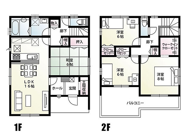 【4LDK】全室6帖以上のゆとりある間取りとなっております。土間収納やウォークインクローゼット、廊下には物入を設けた収納豊富な4LDK！
2部屋から出入り可能な広々としたバルコニーは、洗濯物や布団がたっぷりと干せて快適です♪