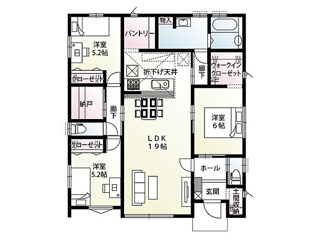 【3LDK】2帖の納戸やパントリー、ウォークインクローゼット・土間収納などのある収納充実な平屋プランとなっております。
LDKは19帖と家具を置いてもゆとりのある広さを確保しました!