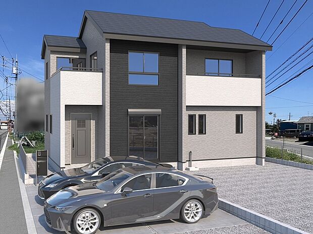 【【4号棟　外観完成予想図】】モノトーン調の色でシックにまとめた外観です。飽きの来ない落ち着いた色合いです。 ※現地写真に完成イメージ画像を合成したものです