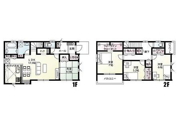 【4LDK】17.5帖のLDKにはオシャレなヌック付き♪土間収納やウォークインクローゼット、各所に物入を設けた収納豊富な4LDKの間取りとなっております。
4.5帖の和室はお子様のお昼寝スペースや客間としても使用できる、便利な一室です！